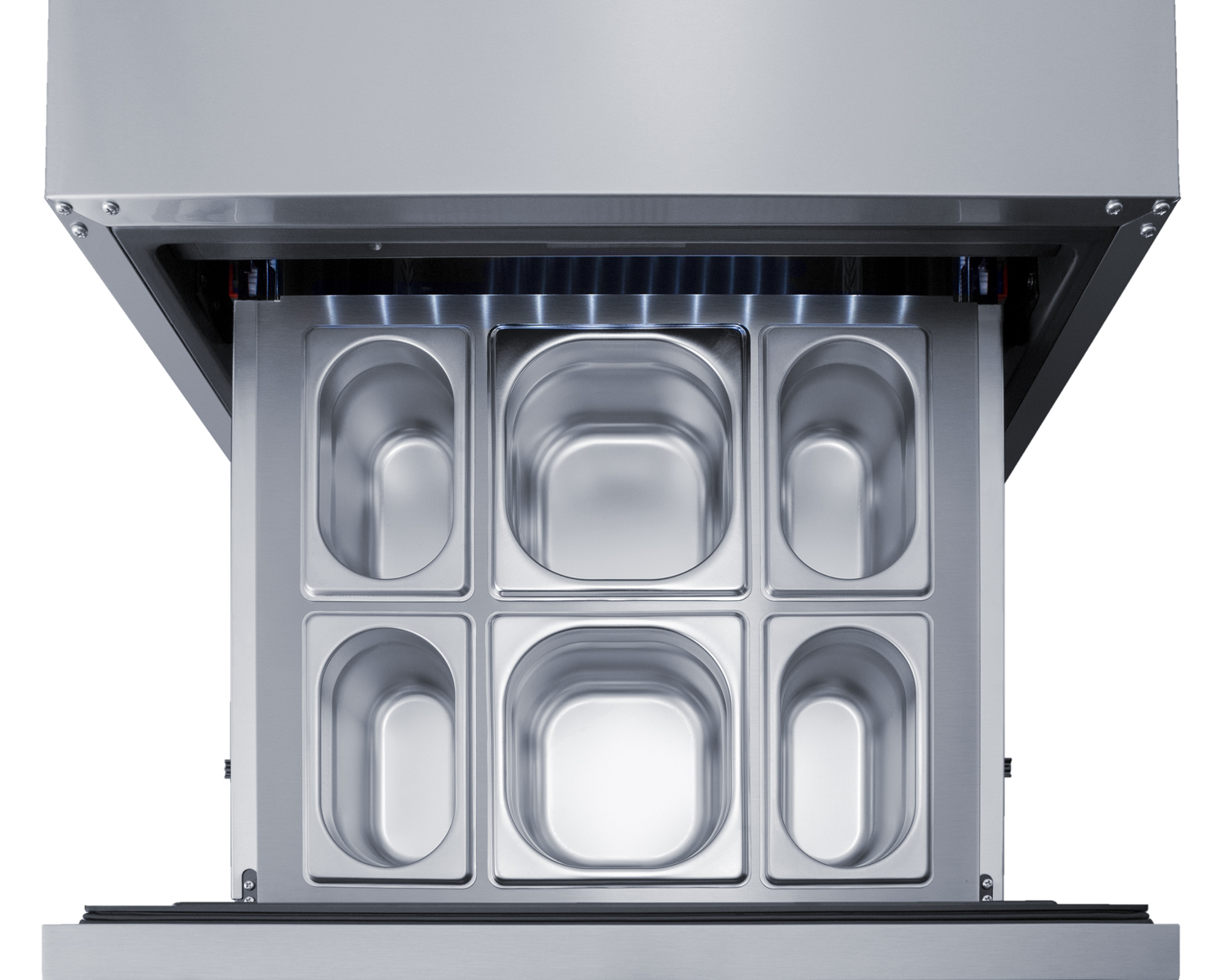 Stainless steel kit with frame and 6 steam table pans for use in Summit ADRD24 drawer refrigerator
